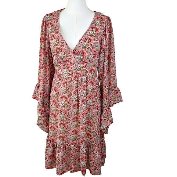 Betsey Johnson Floral Tapestry V Neck Ruffle Empire Dress Bell Sleeve Sz 10 - Picture 2 of 8
